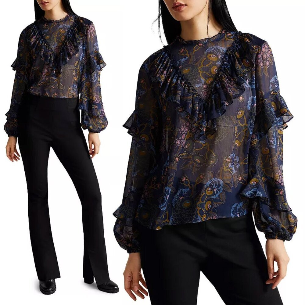 Ted Baker London Navy Blue Jovena Floral Waterfall Ruffle Sheer Blouse Top $195